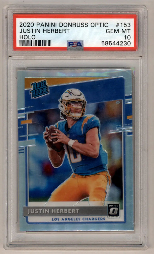 Justin Herbert 2020 Panini Optic Holo #153 PSA 10 Gem Mint card in blue uniform