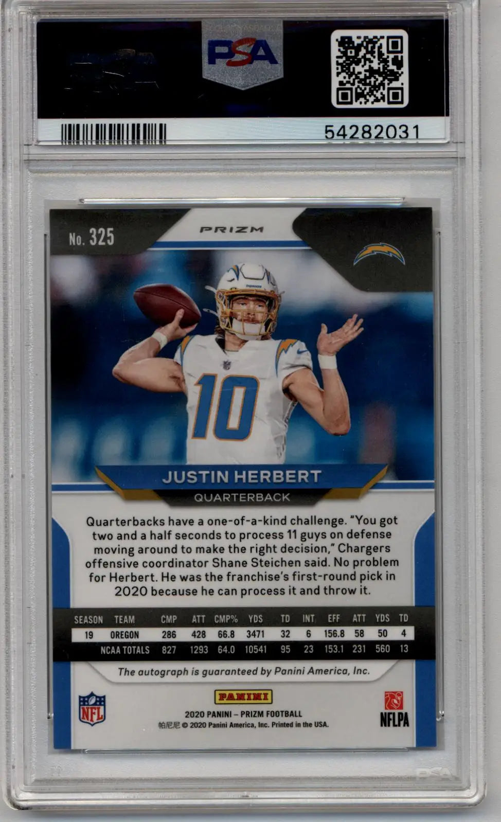 Justin Herbert 2020 Panini Prizm Auto PSA 10 Gem Mint NFL card throwing pose