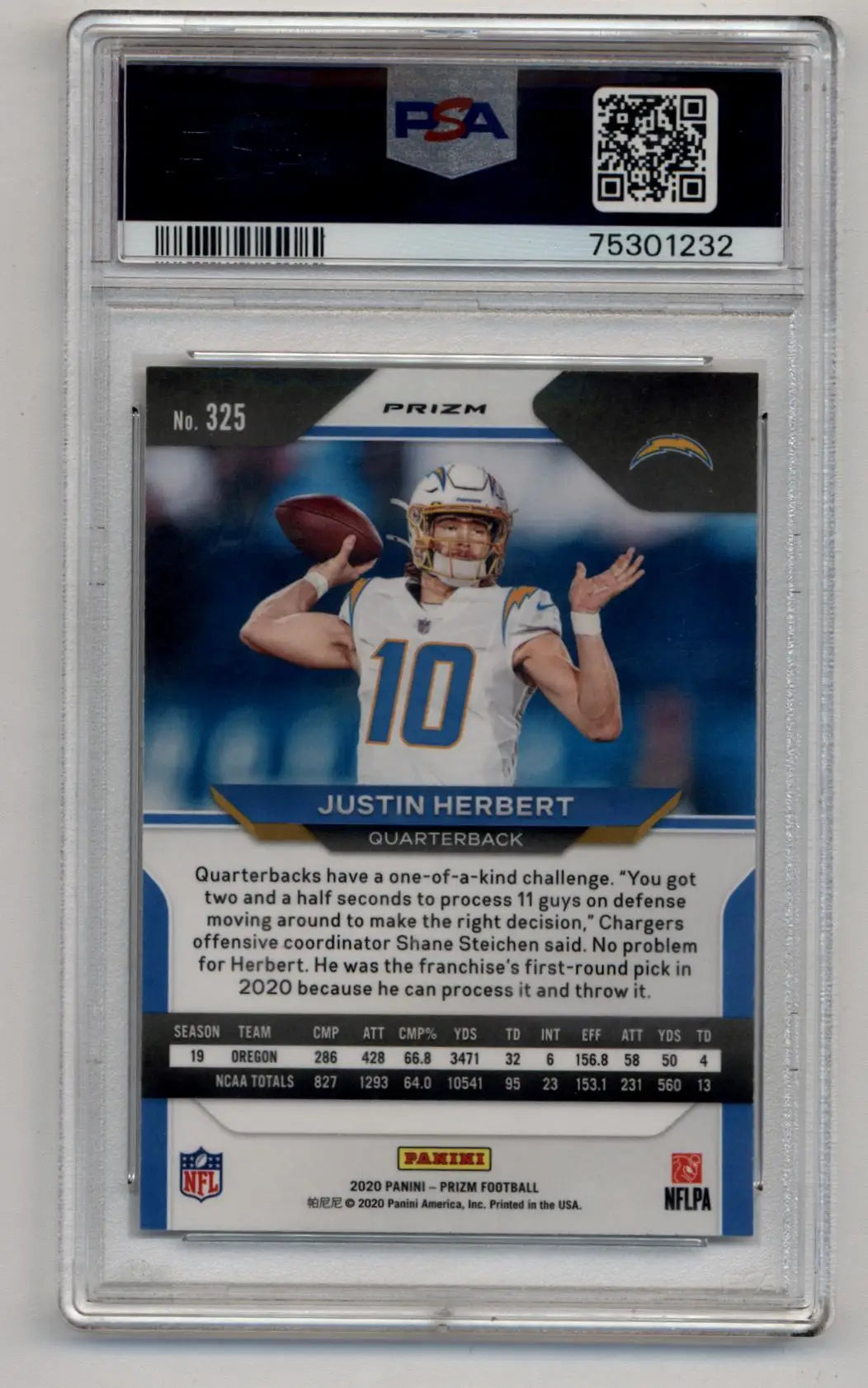 PSA-graded Justin Herbert 2020 Prizm NFL trading card in white jersey throwing football