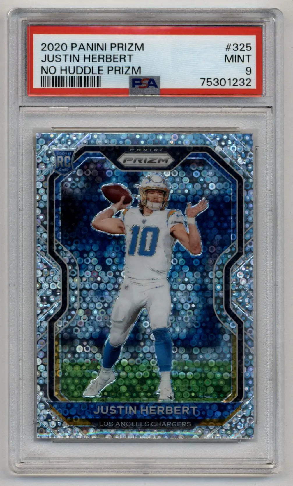 PSA-graded Justin Herbert 2020 Prizm No Huddle football card in blue and white uniform