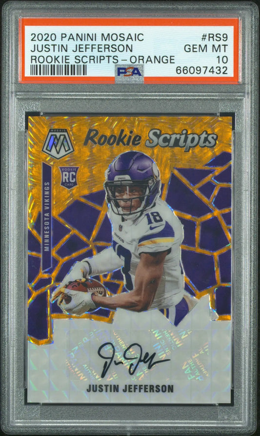 PSA 10 Gem Mint Justin Jefferson 2020 Panini Mosaic Rookie Scripts Orange Auto Card