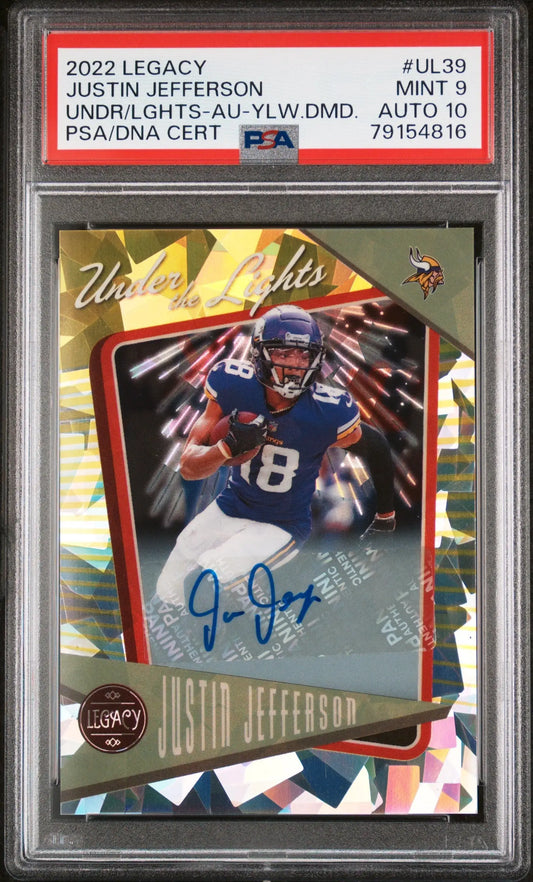 PSA graded Justin Jefferson 2022 Panini Legacy Under the Lights Yellow Diamond Auto card