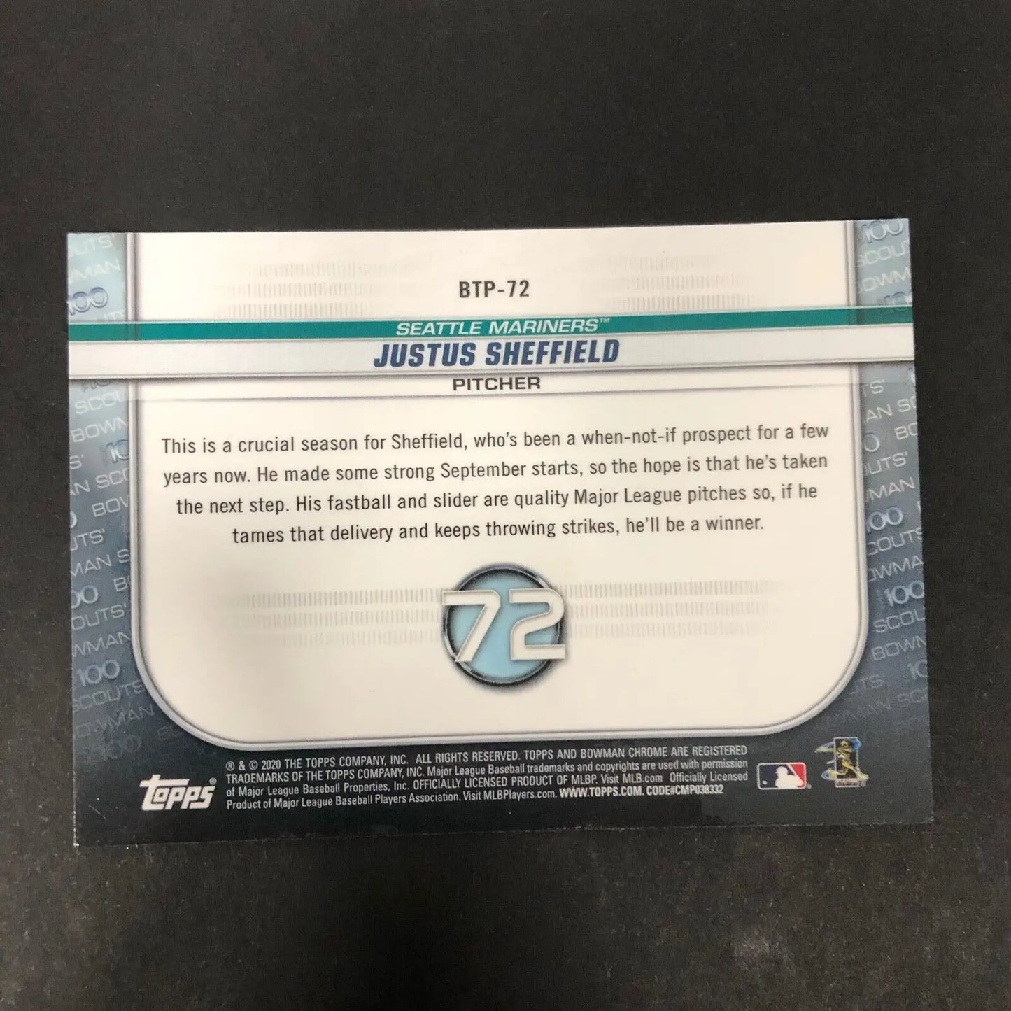 Justus Sheffield Bowman Chrome 2020 #BTP-72 Top 100 Seattle Mariners MLB card