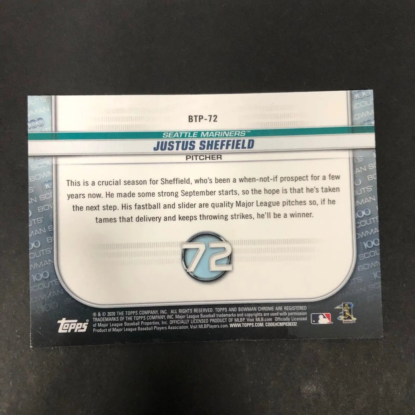 Justus Sheffield Bowman Chrome 2020 #BTP-72 Top 100 Seattle Mariners MLB card