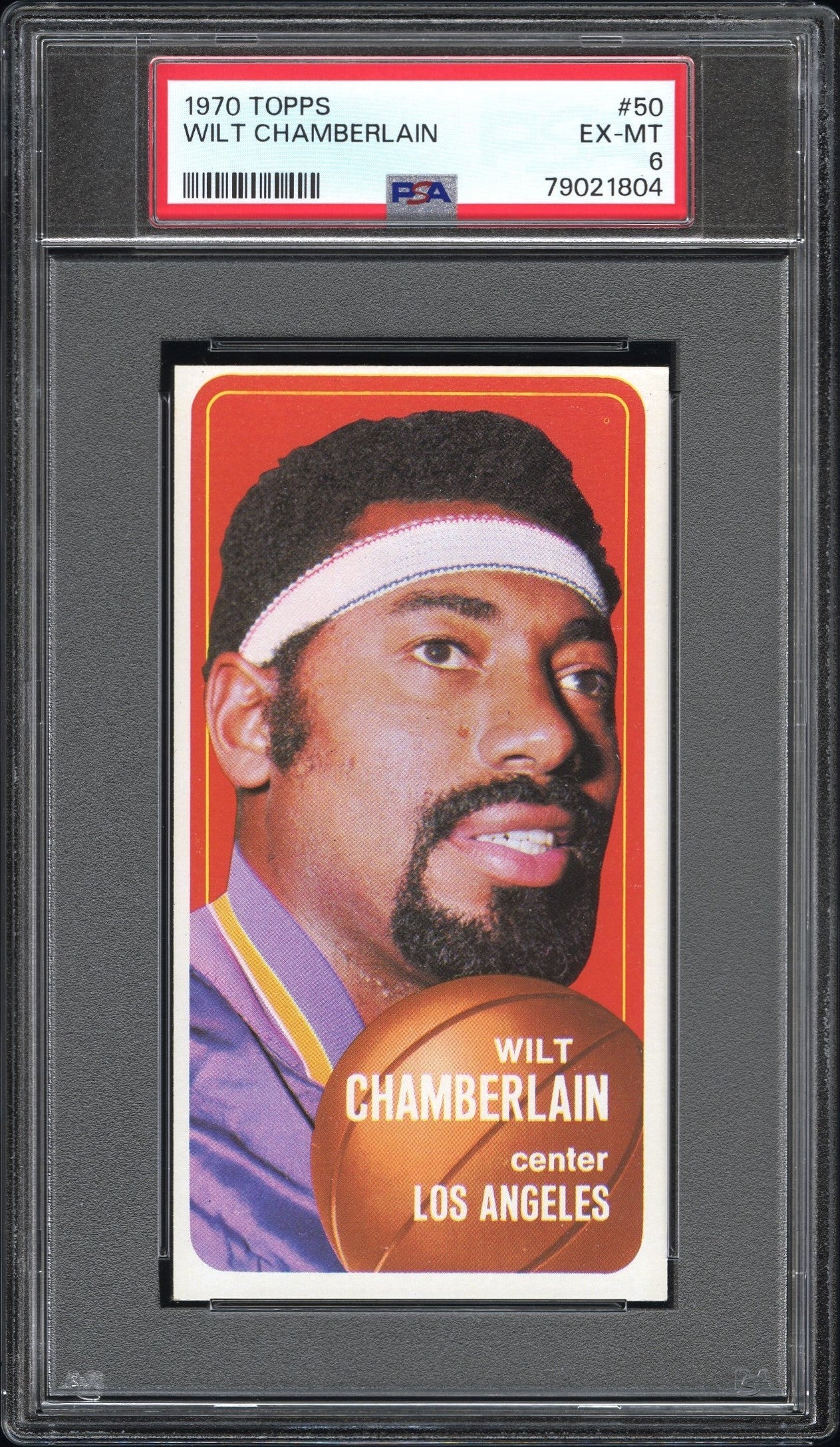 PSA-graded trading card of Wilt Chamberlain in vintage Lakers jersey and headband