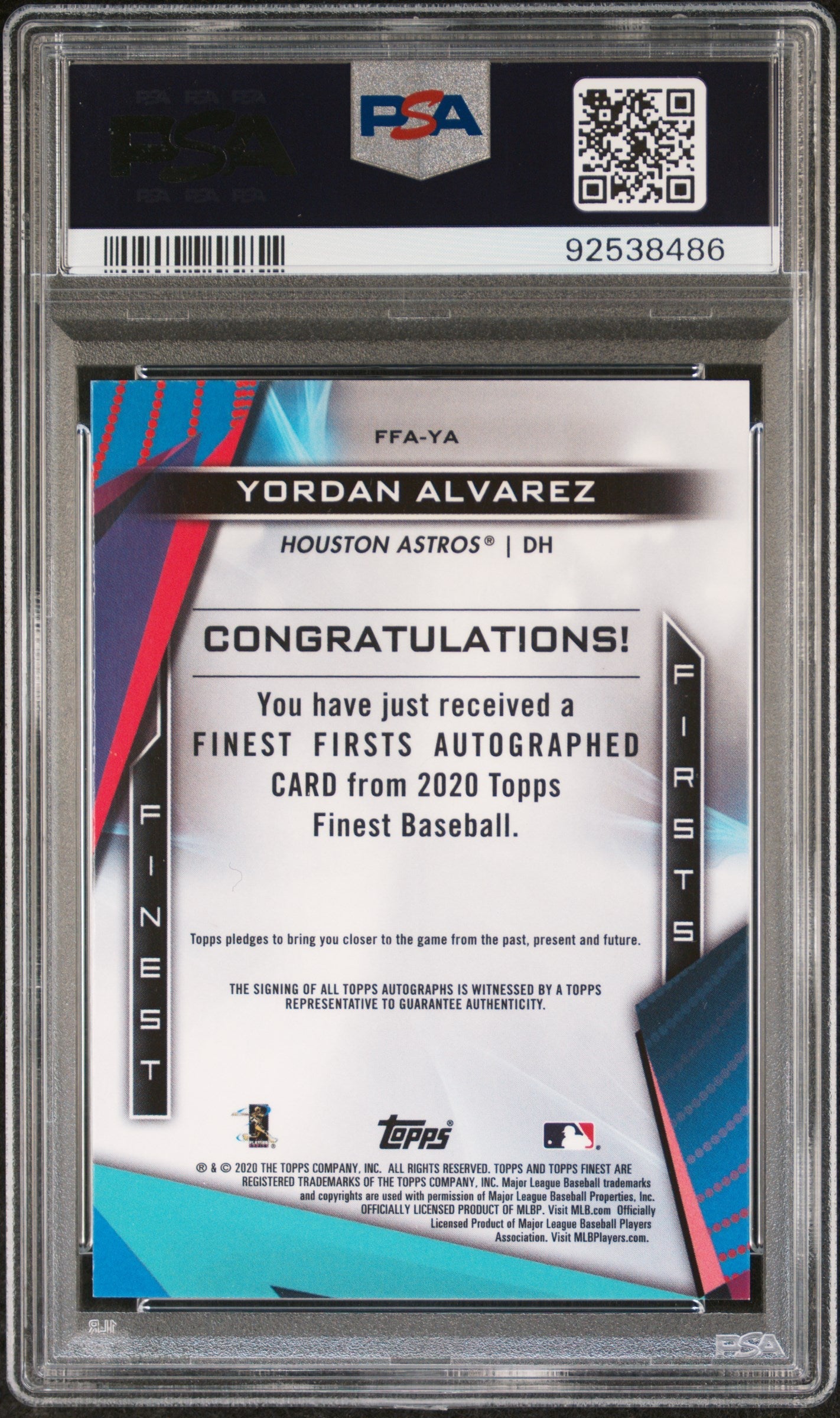 Yordan Alvarez 2020 Topps Finest Firsts Auto PSA 10 Auto 10