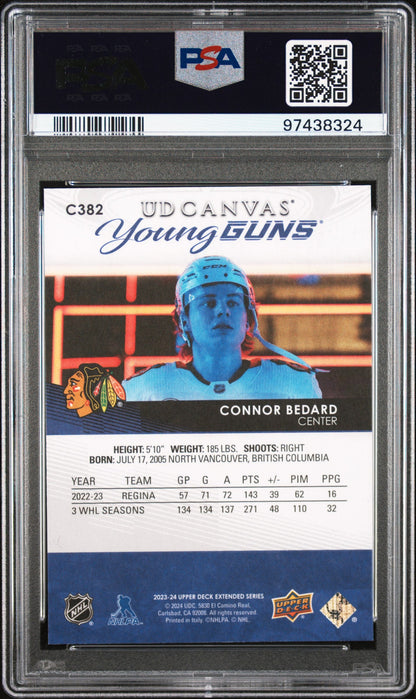 PSA-graded Connor Bedard 2023 Upper Deck Canvas #382 in blue lighting