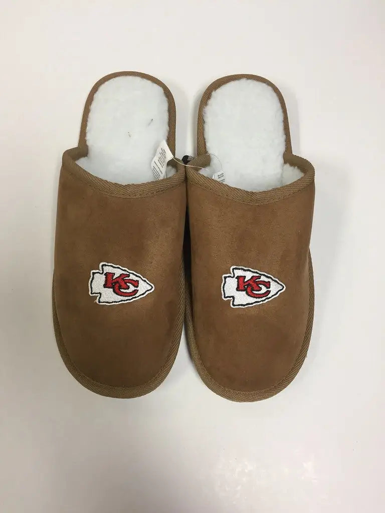 Brown slide slippers featuring Kansas City Chiefs logo in team colors and various shoe sizes