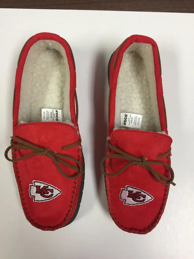 Kansas City Chiefs team color moccasin slippers with fleece lining and brown laces