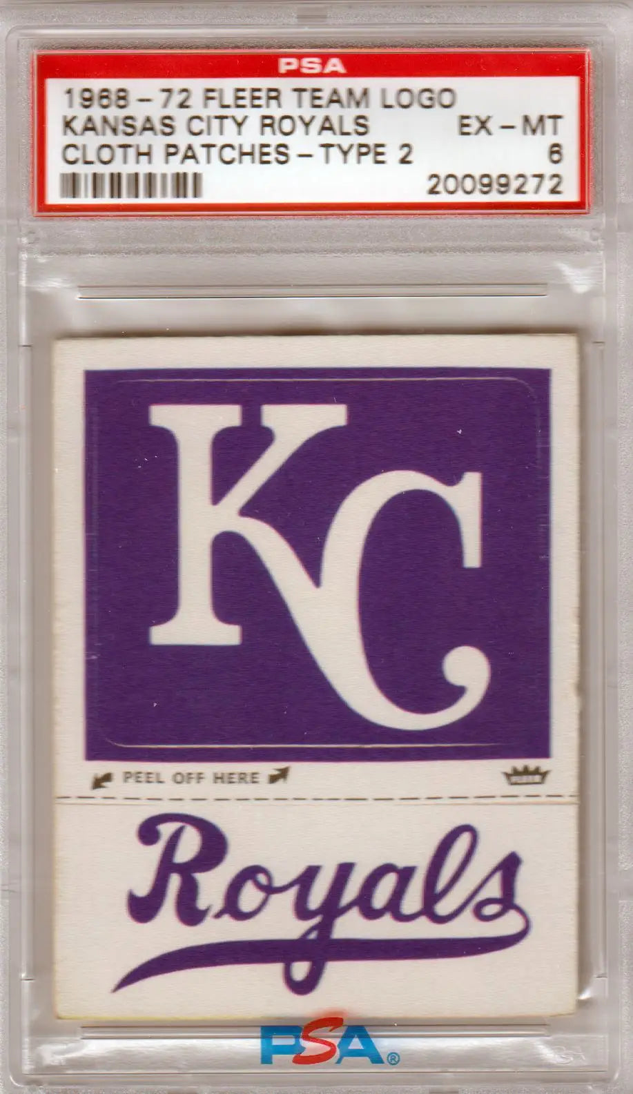 PSA-graded 1968-72 Fleer cloth patch featuring Kansas City Royals team logo in purple and white