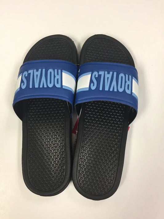 Blue and black slide flip flops featuring ROYALS logo display for Kansas City Royals