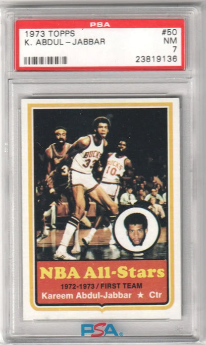 PSA 7 NM 1973 Topps NBA All-Stars Kareem Abdul-Jabbar single card from Columbia Hobby