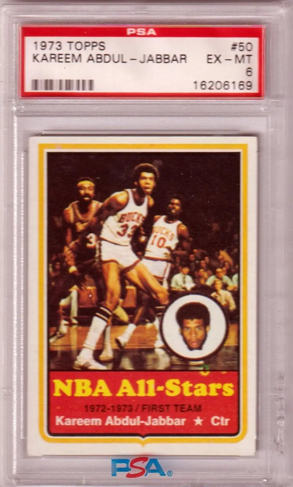 PSA-graded 1973 Topps NBA All-Stars Kareem Abdul-Jabbar card in protective case, Columbia Hobby