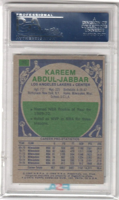 PSA-graded Kareem Abdul-Jabbar 1975-76 Topps #90 card back with player stats