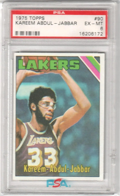 PSA-graded 1975 Topps Lakers card #90 featuring Kareem Abdul-Jabbar from Columbia Hobby