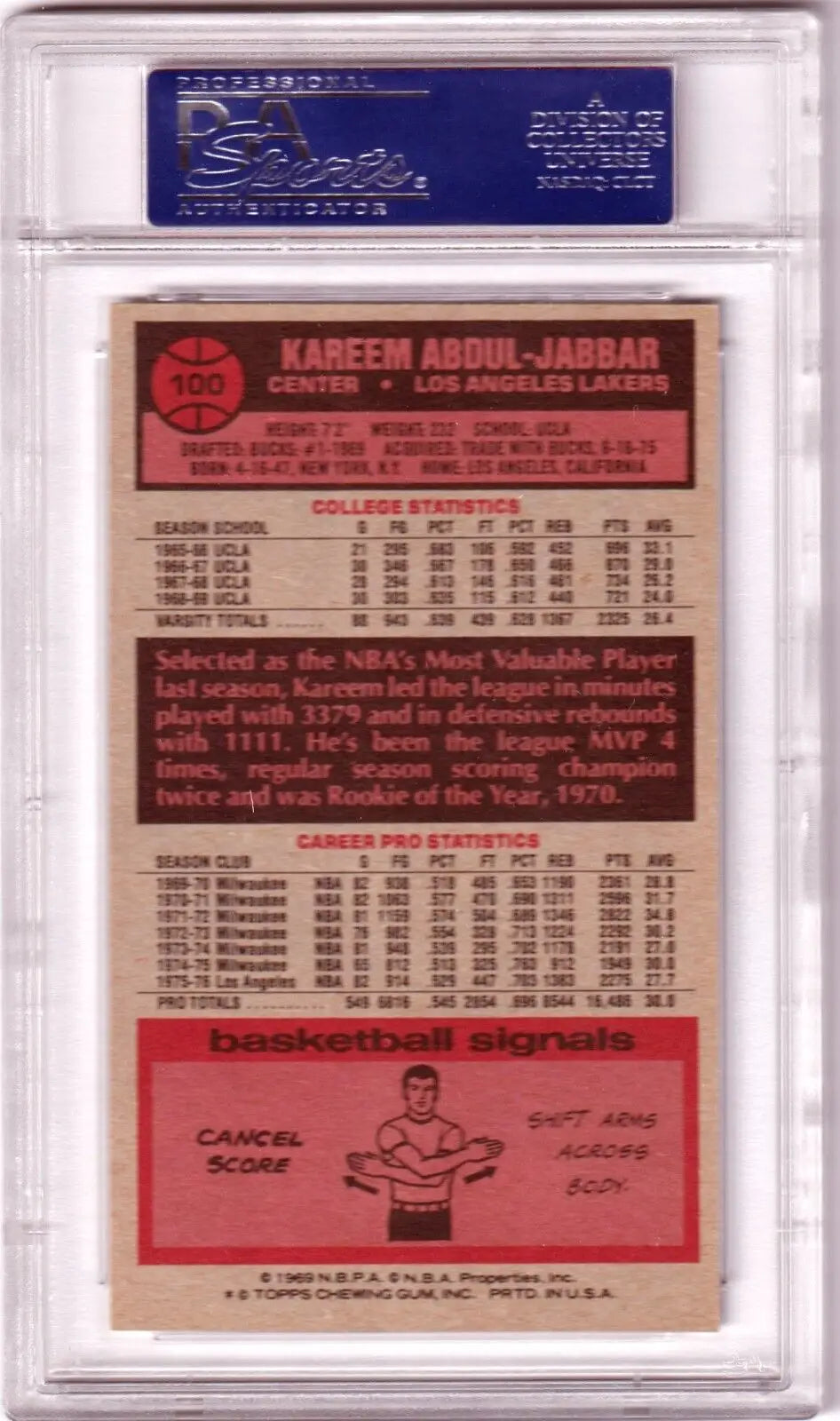 Vintage Kareem Abdul-Jabbar trading card PSA 7 in plastic holder from Columbia Hobby