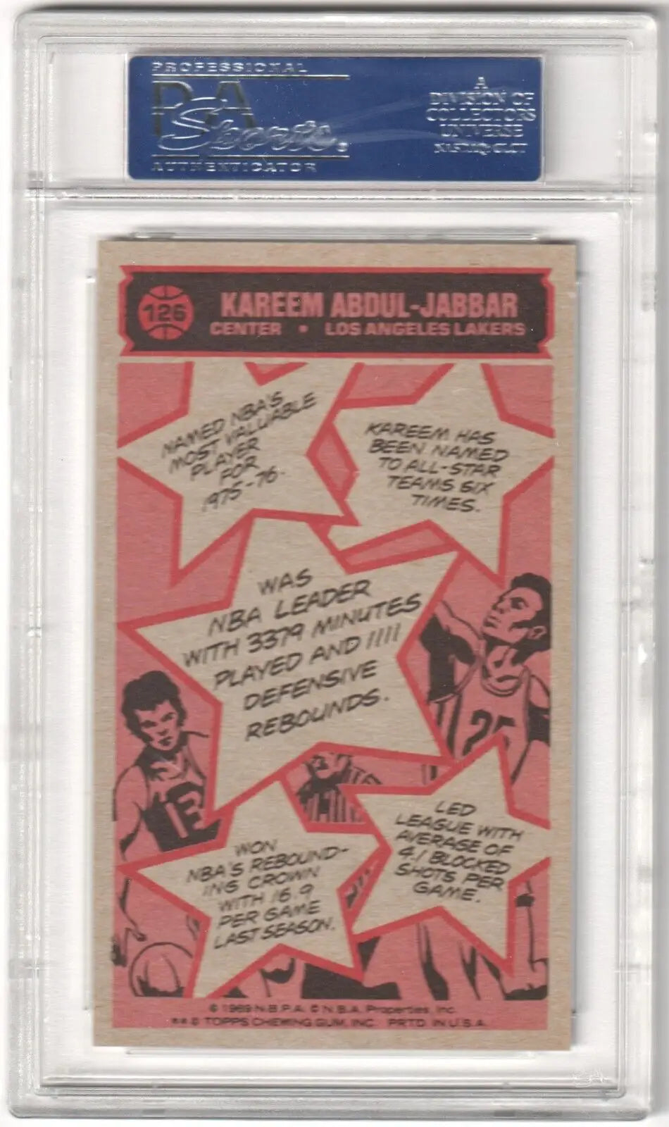 Vintage Kareem Abdul-Jabbar 1976-77 Topps trading card in protective case on pink background