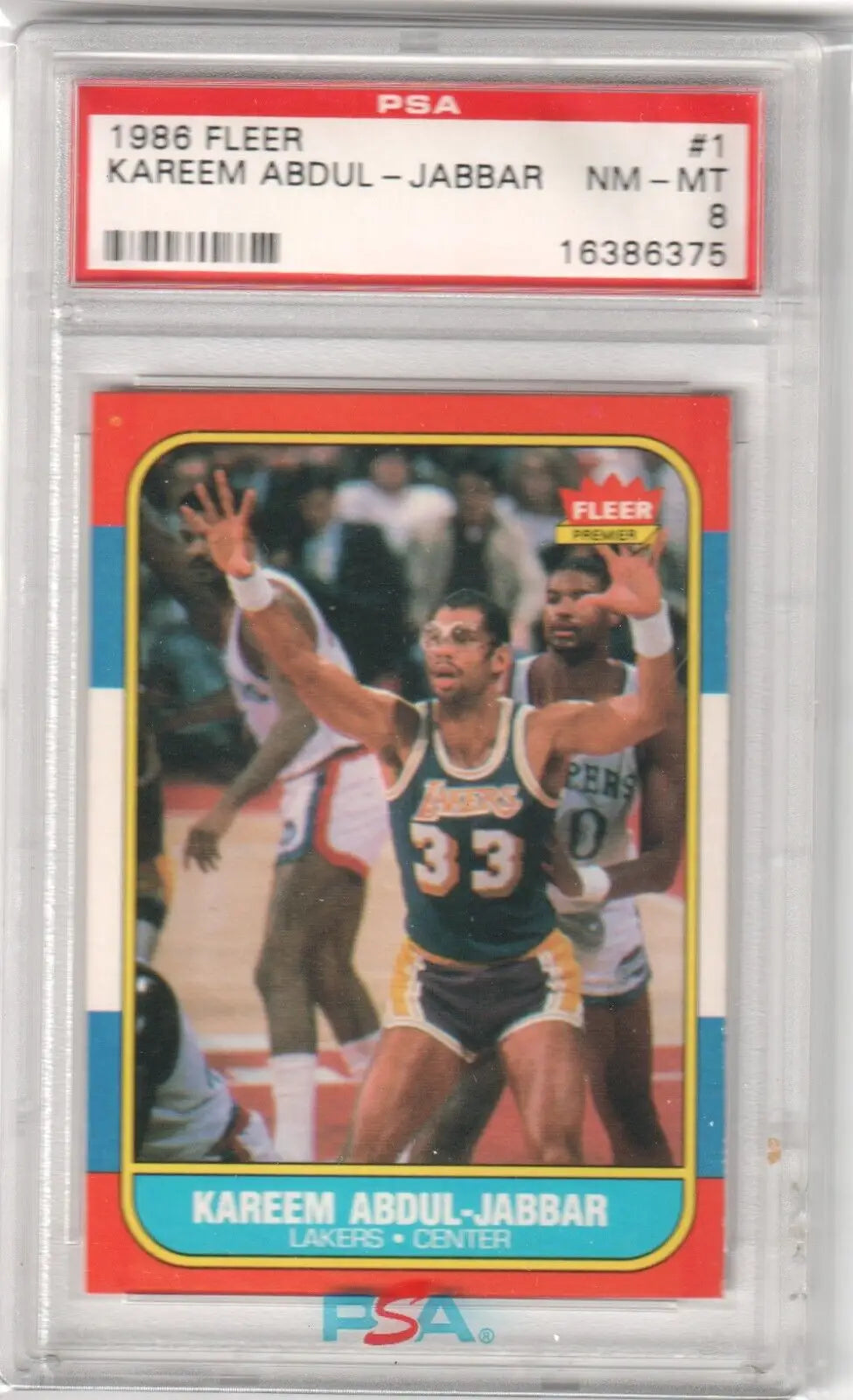 PSA-graded Kareem Abdul-Jabbar 1986 Fleer #1 card in Lakers jersey available at Columbia Hobby