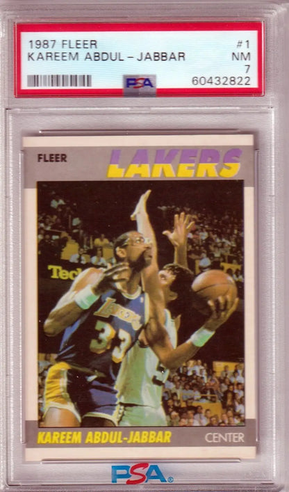 PSA-graded 1987 Fleer Kareem Abdul-Jabbar Lakers card, perfect for single cards collectors at Columbia Hobby