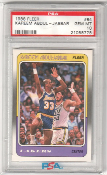 Graded Kareem Abdul-Jabbar 1988 Fleer #64 PSA 10 GEM MINT trading card from Columbia Hobby