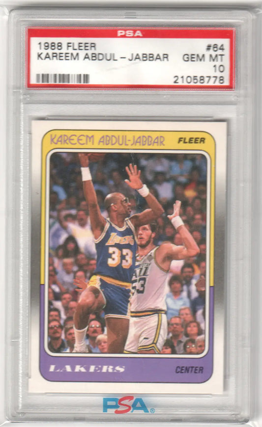 Graded Kareem Abdul-Jabbar 1988 Fleer #64 PSA 10 GEM MINT trading card from Columbia Hobby