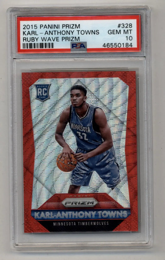 PSA 10 Gem Mint 2015 Panini Prizm Ruby Wave Karl-Anthony Towns trading card displayed