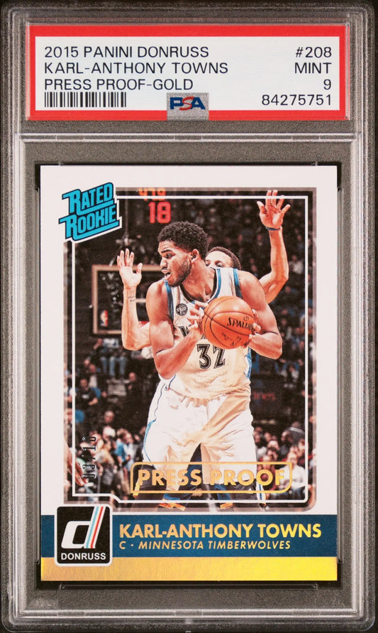 PSA graded Mint 9 Karl-Anthony Towns 2015 Panini Donruss Press Proof Gold card