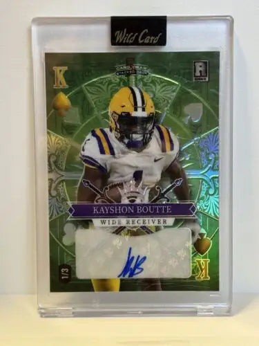 LSU Football trading card of Kayshon Boutte with spades rainbow green auto design