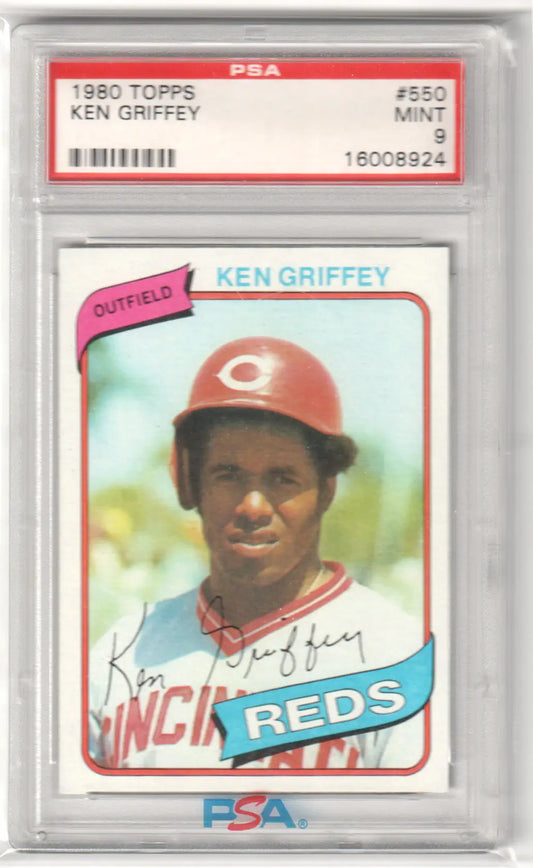 PSA-graded 1980 Topps Ken Griffey trading card in protective case from Columbia Hobby