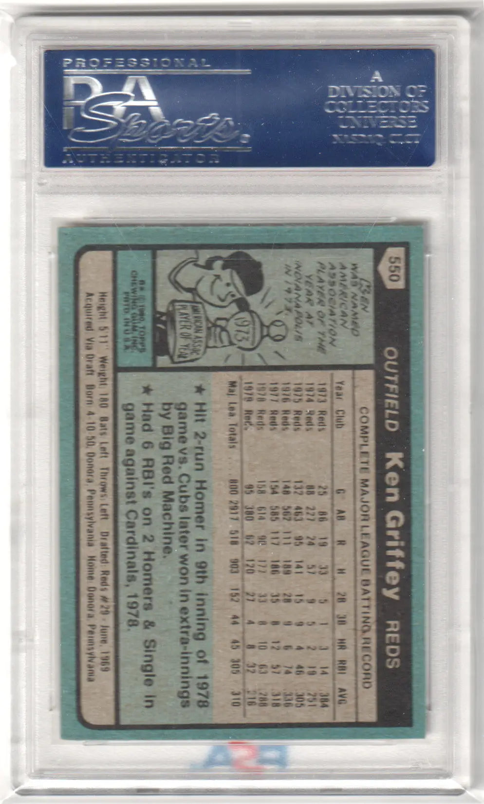 Ken Griffey 1980 Topps #550 PSA 9 Mint trading card in a protective holder from Columbia Hobby