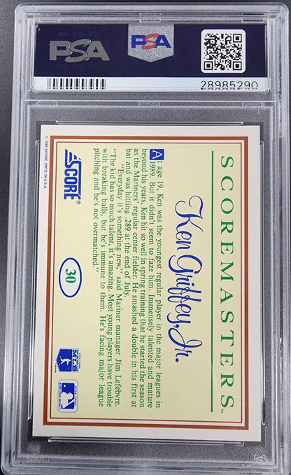 PSA-graded Ken Griffey Jr. 1989 Scoremasters #30 trading card back with signature