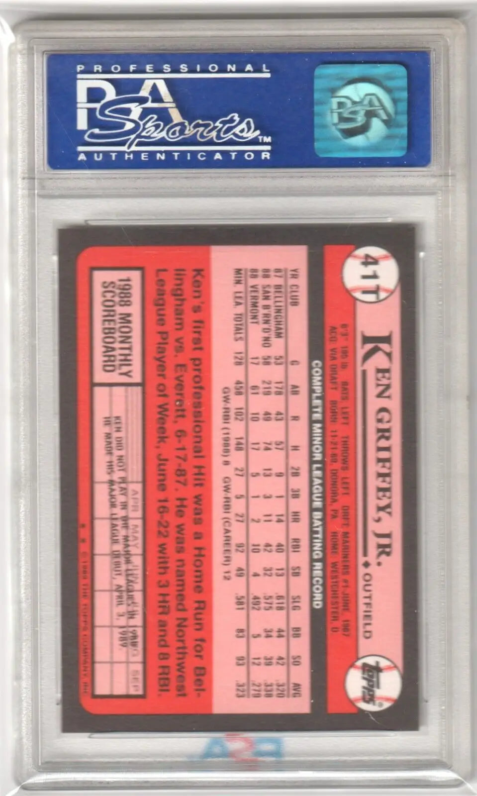 PSA-graded Ken Griffey Jr 1989 Topps Traded RC rookie card showing red statistics back