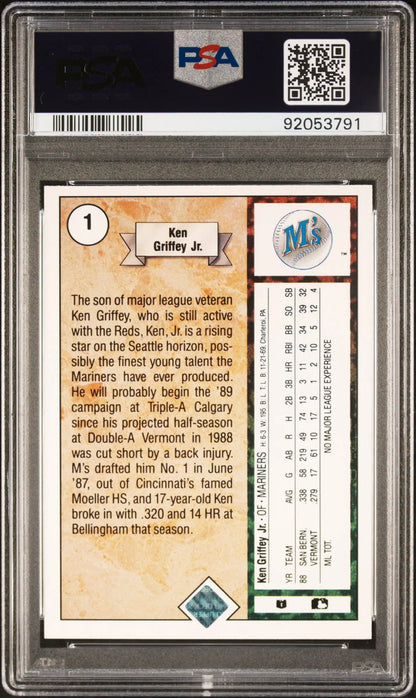 Back of Ken Griffey Jr. 1989 Upper Deck trading card in PSA 9 holder with stats