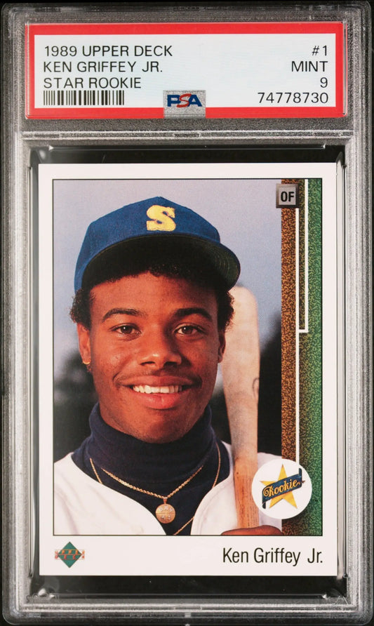 PSA graded Ken Griffey Jr. 1989 Upper Deck trading card in protective case