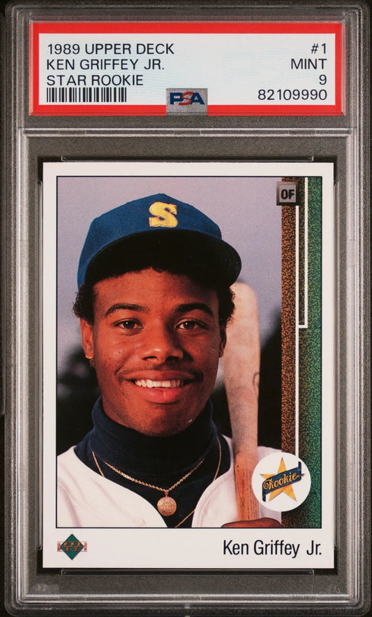 PSA-graded Ken Griffey Jr. 1989 Upper Deck baseball card in protective case