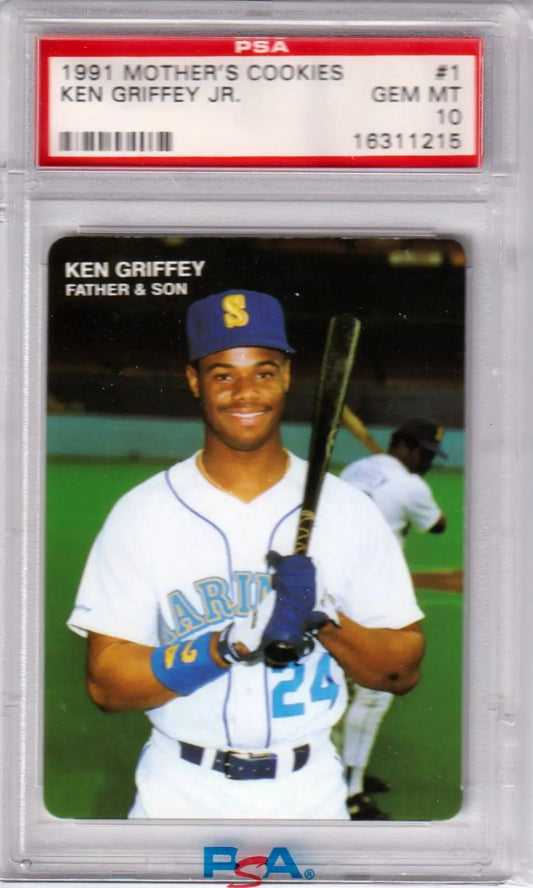 PSA-graded 1991 Mother’s Cookies trading card of Ken Griffey Jr. with Mariners uniform