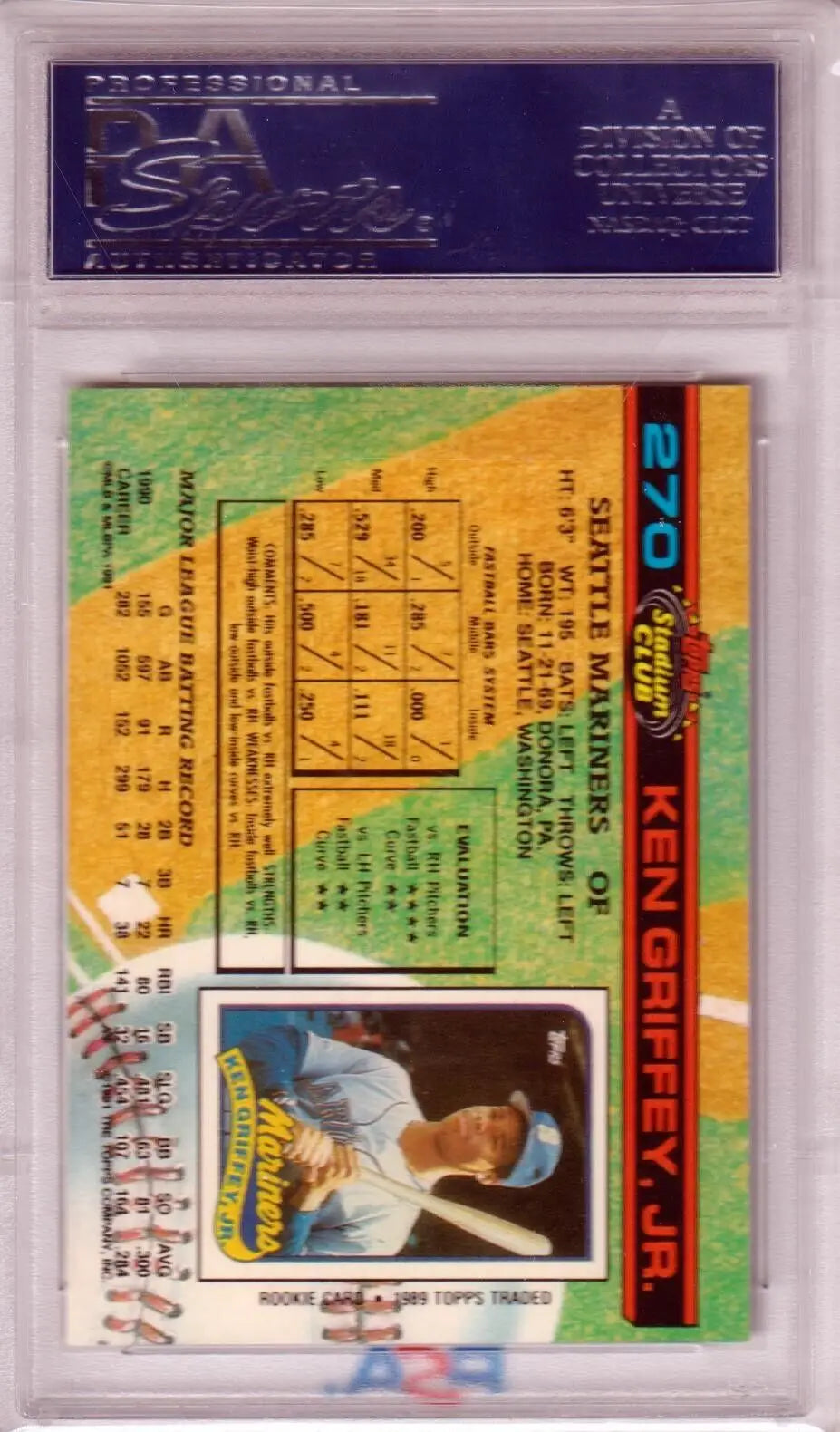 Baseball trading card of Ken Griffey Jr in plastic case with player stats, Columbia Hobby