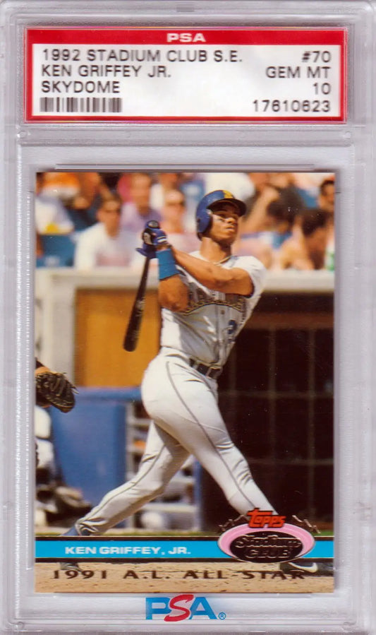 PSA 10 GEM MINT Ken Griffey Jr. 1992 Topps Stadium Club baseball card at bat