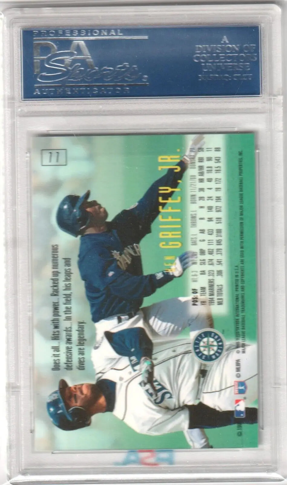 Baseball trading card of Ken Griffey Jr in protective case for Seattle Mariners single cards