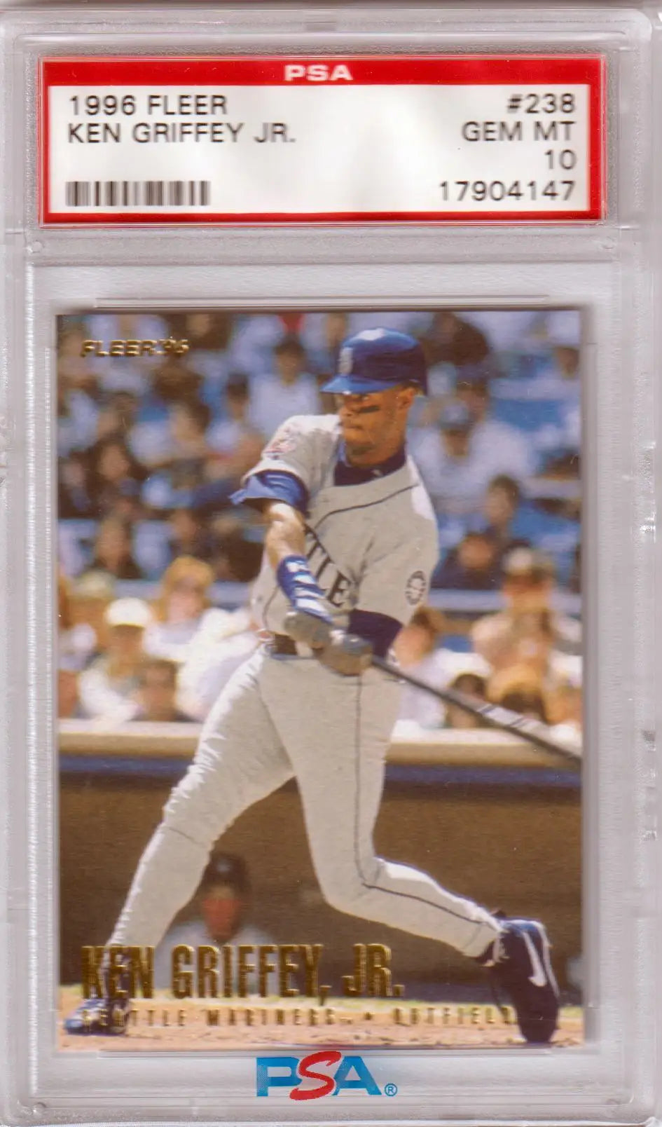 PSA-graded 1996 Fleer Ken Griffey Jr baseball card mid-swing in Mariners uniform