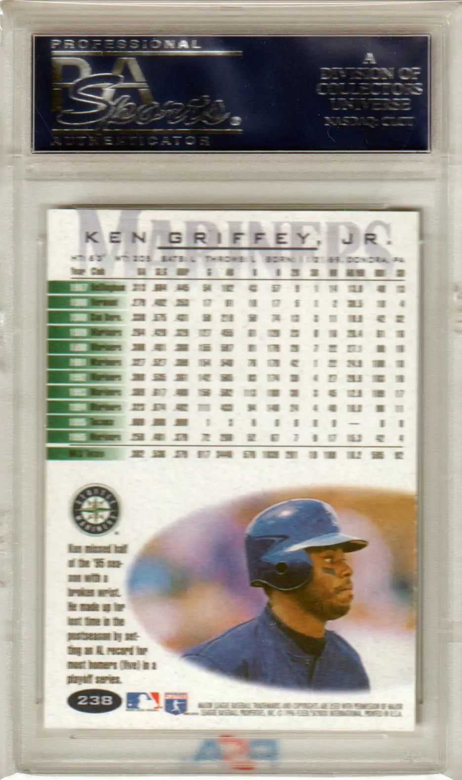 Ken Griffey Jr. 1996 Fleer #238 baseball trading card in protective case with stats