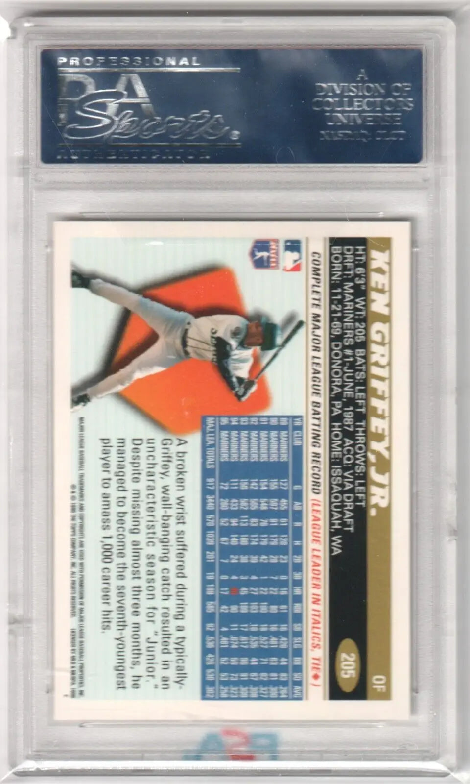 Baseball trading card in protective holder for Ken Griffey Jr 1996 Topps #205 PSA 10