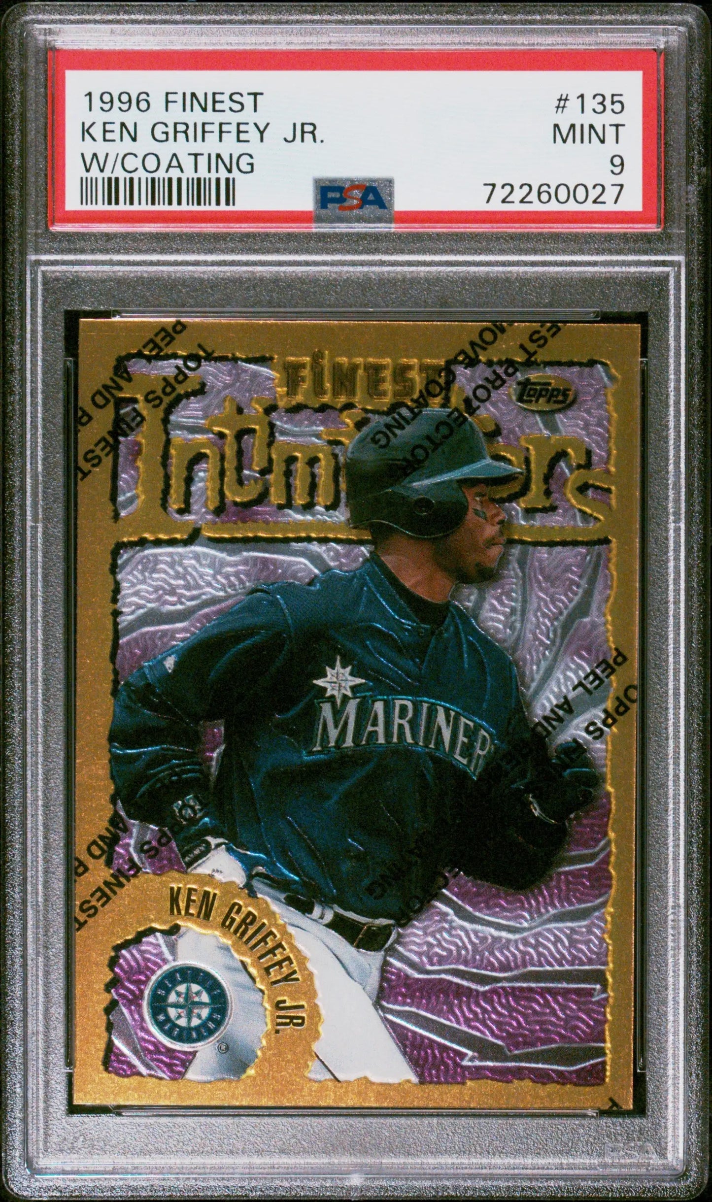 Ken Griffey Jr. 1996 Topps Finest #135 baseball card in green uniform with Coating PSA 9 Mint