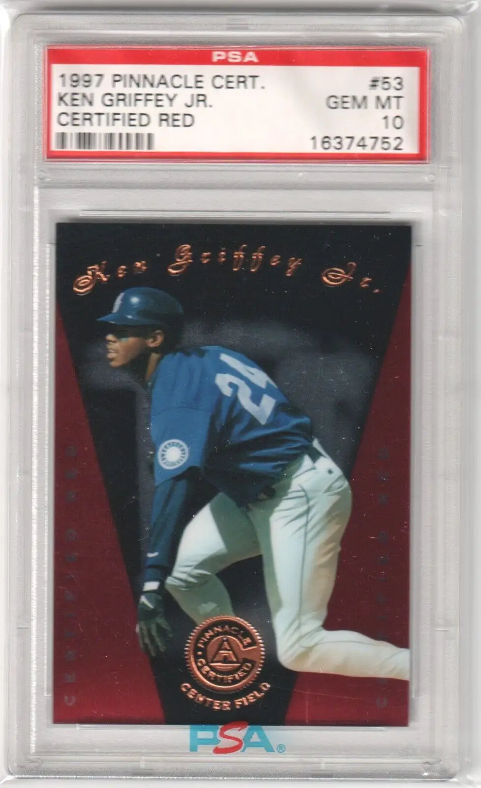 PSA-graded 1997 Pinnacle Certified Red Ken Griffey Jr baseball card in protective case