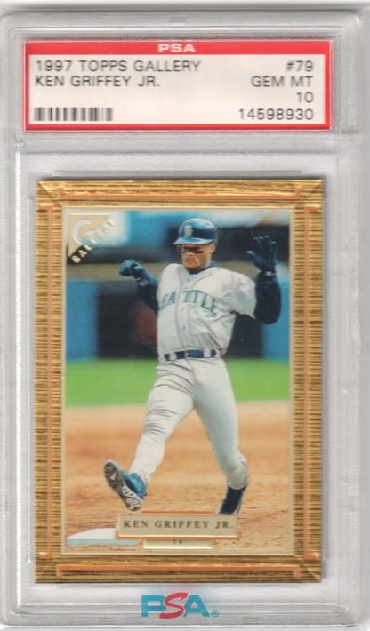 PSA-graded 1997 Topps Gallery Ken Griffey Jr. baseball card in protective case, Columbia Hobby