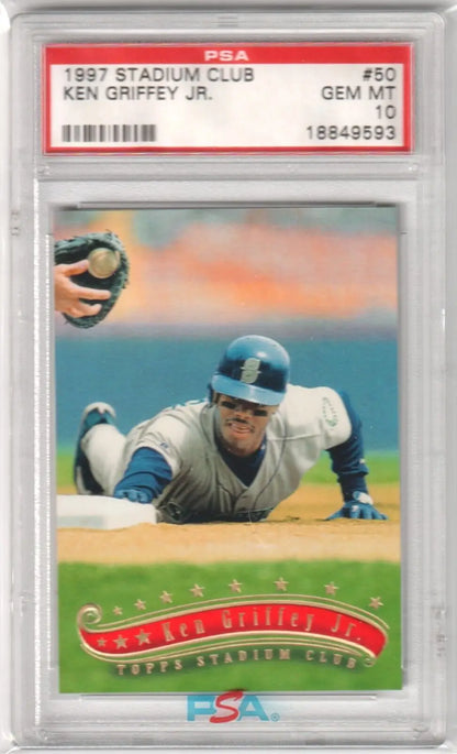 PSA 10 Gem Mint Ken Griffey Jr 1997 Stadium Club single card sliding into base Mariners