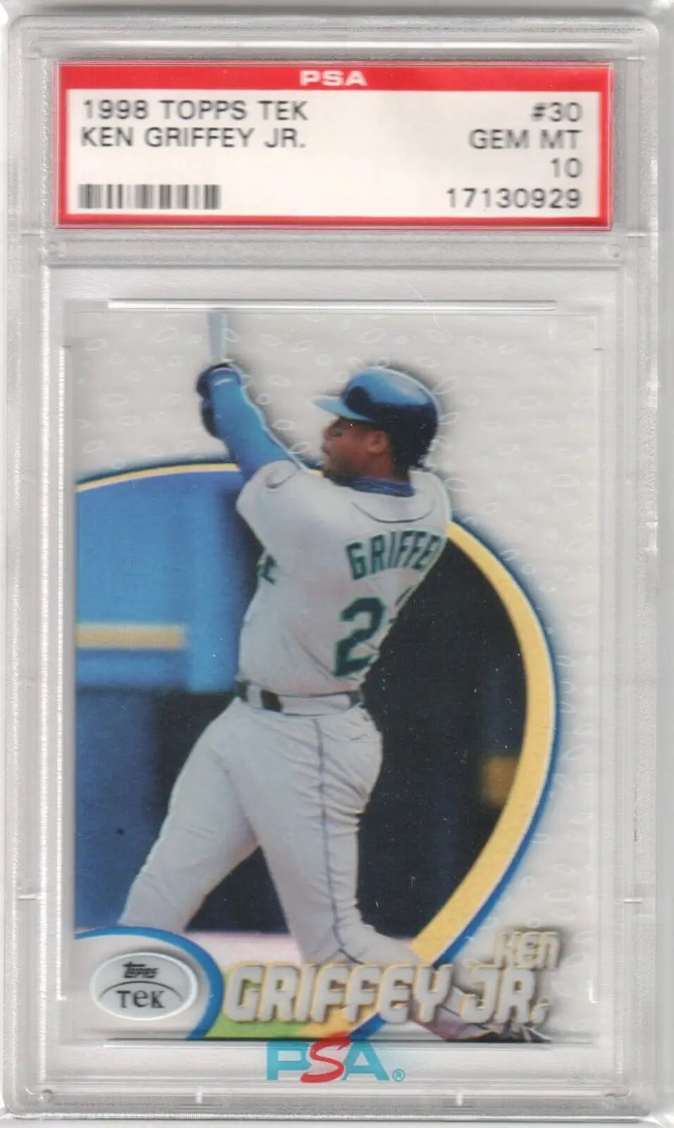 PSA-graded Ken Griffey Jr 1998 Topps Tek baseball card Mariners white uniform number 24