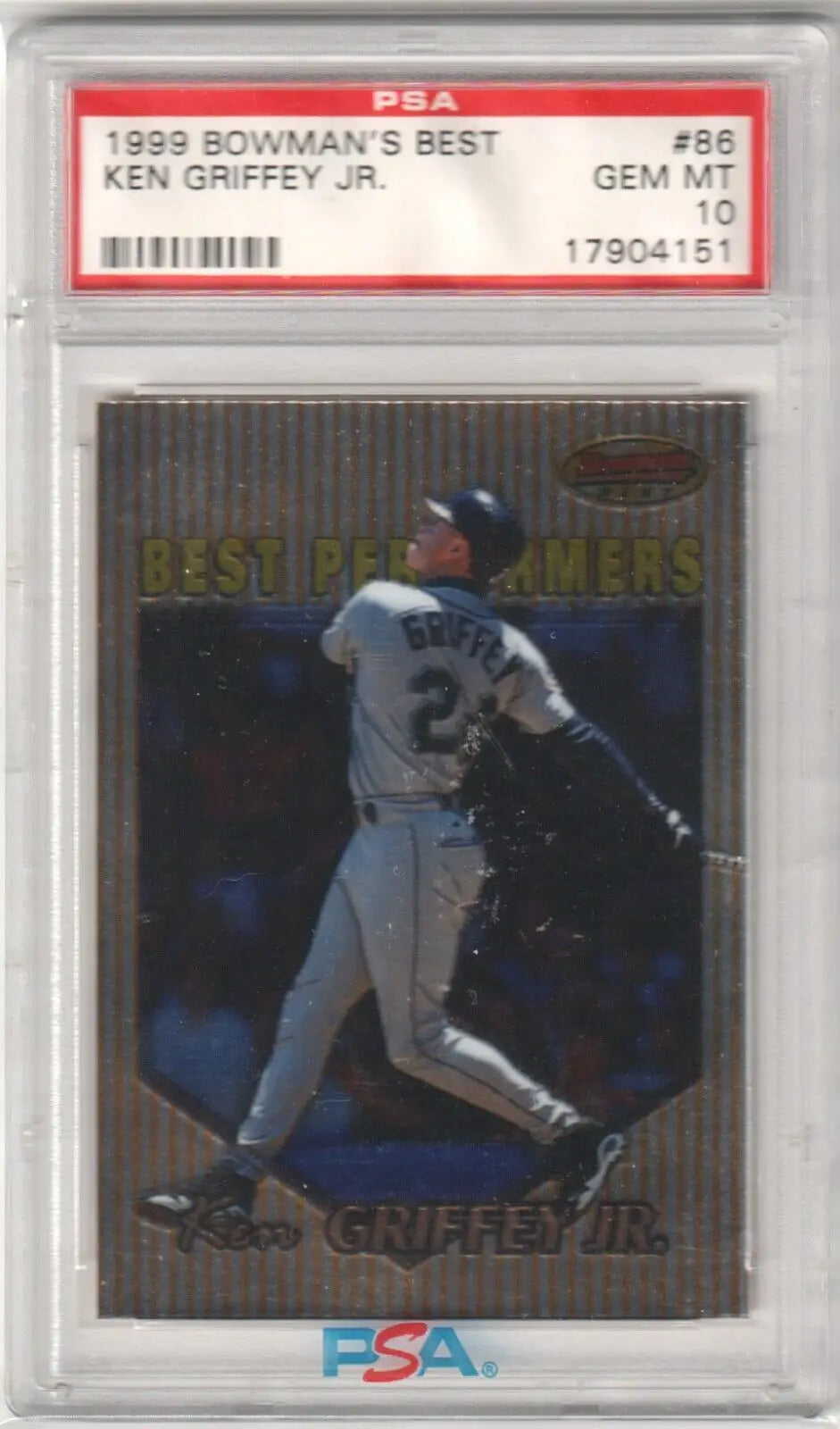 PSA-graded 1999 Bowman’s Best Ken Griffey Jr baseball card in case from Columbia Hobby