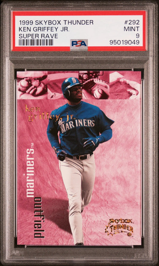 PSA-graded Ken Griffey Jr. 1999 Skybox Thunder Super Rave baseball card with pink background