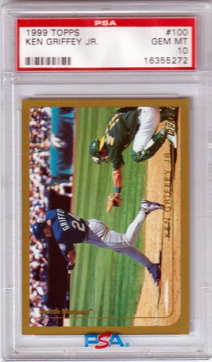 PSA-graded 1999 Topps Ken Griffey Jr card showcasing dramatic home plate slide, Columbia Hobby